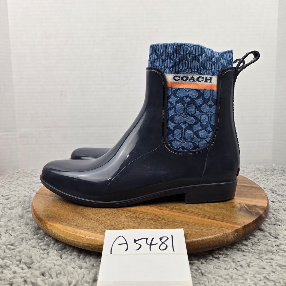 Coach Womens 11 Rivington Blue Logo Knit Ankle Collar Chelsea Rain Booties Boots